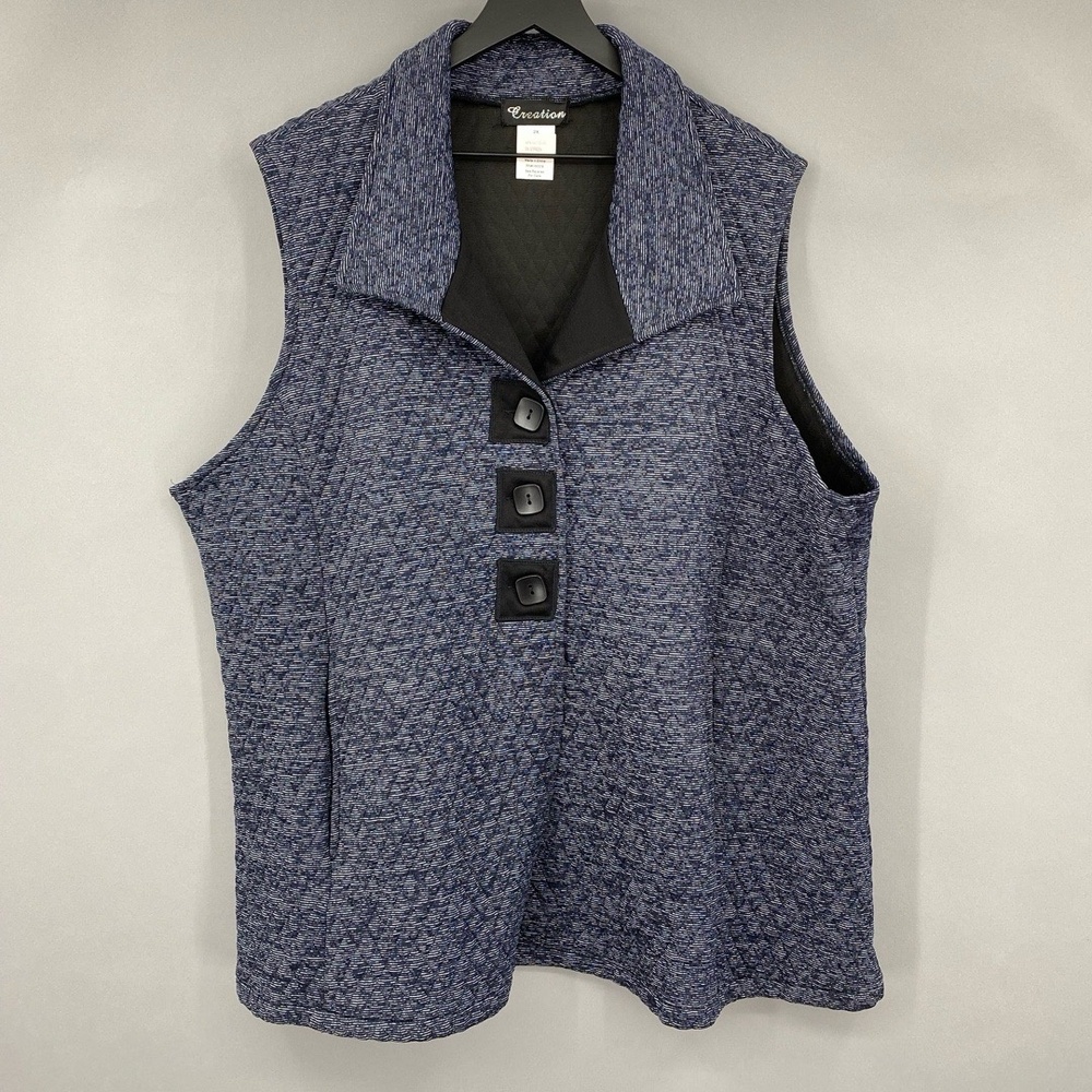 Creation Sleeveless Top Womens 2X‎ Blue White Quilted Square Button Lagenlook